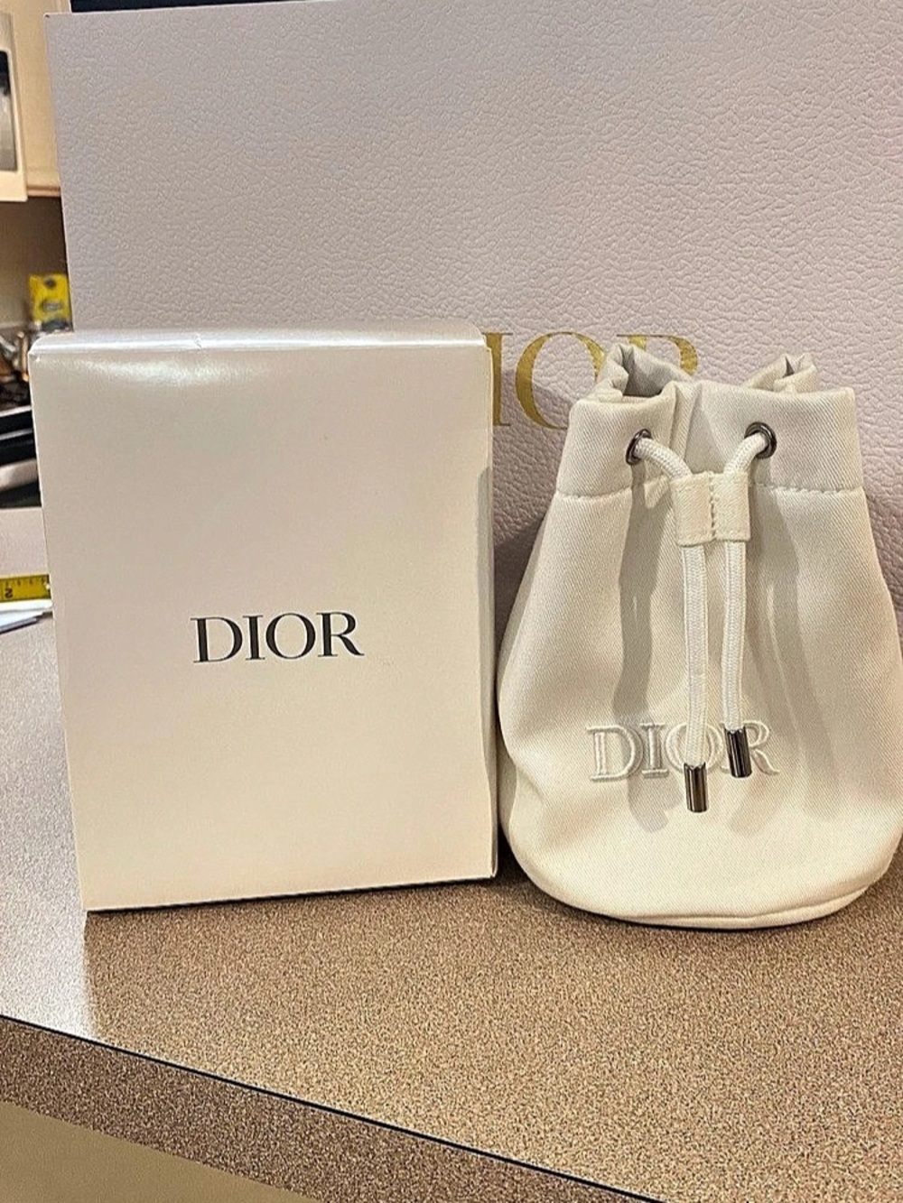 Dior Beauty White Canvas Drawstring Bucket Pouch